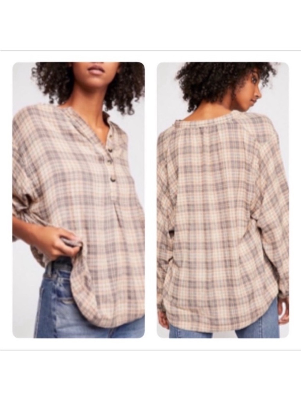 Free People We The Free Plaid Henley Button-Front Long Sleeve Oversized Top sz S